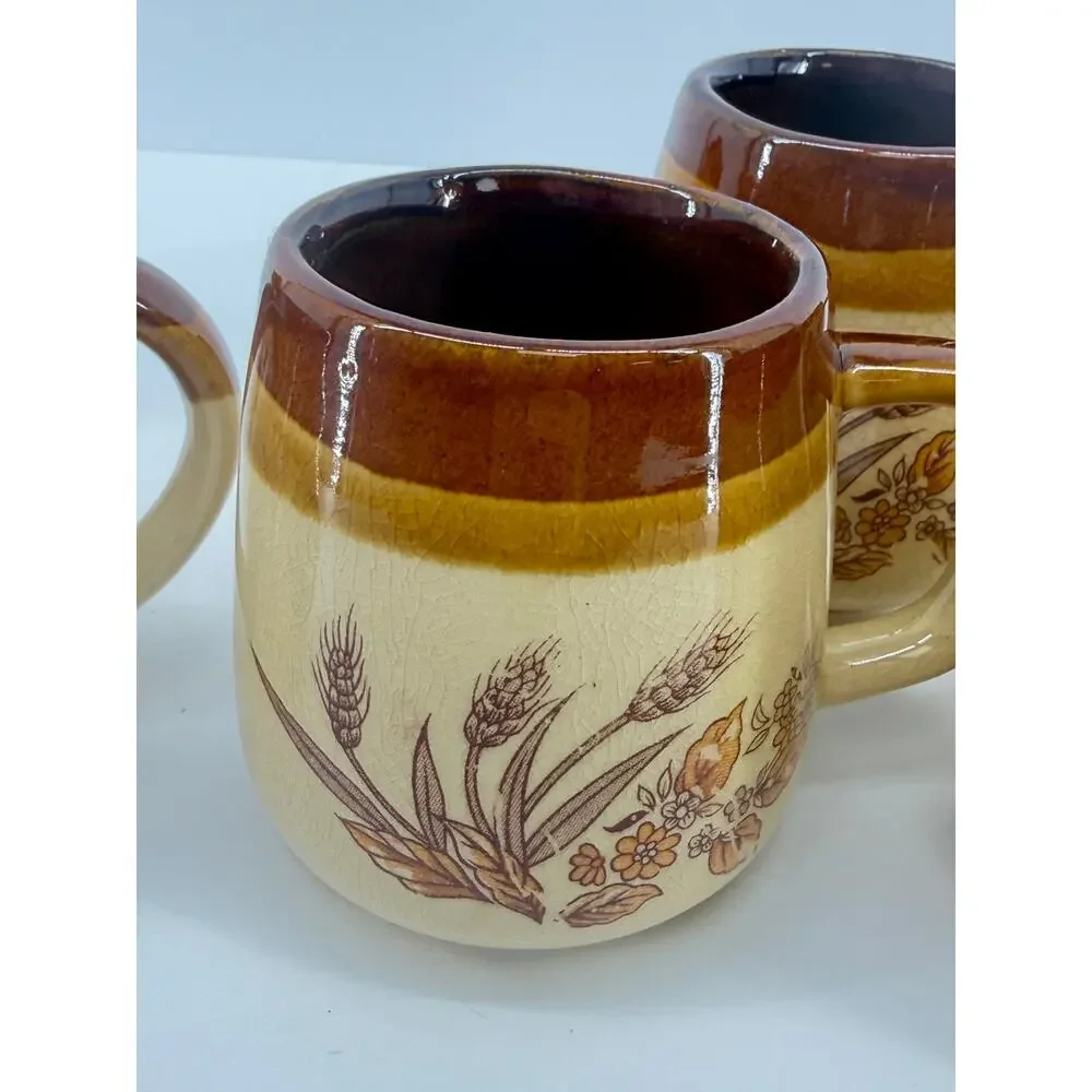 Vintage Wheat Stoneware Coffee Mugs Creamer Sugar Bowl 70s Cottagecore Set